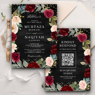 Invitación Código QR Floral de Melocotón Borgoña Negro Boda M