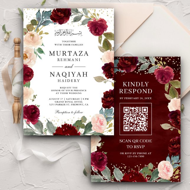 Invitación Código QR Floral de Melocotón de Borgoña para Boda (Subido por el creador)