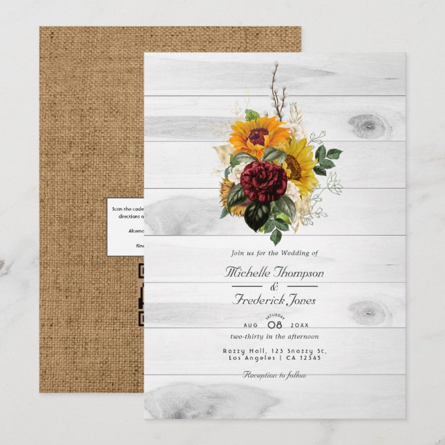 Invitación Código QR Floral de Otoño Rústico RSVP Boda de Cam (Anverso / Reverso)