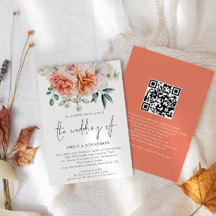 Invitación Código QR Floral de Peonías de Melocotón para Boda