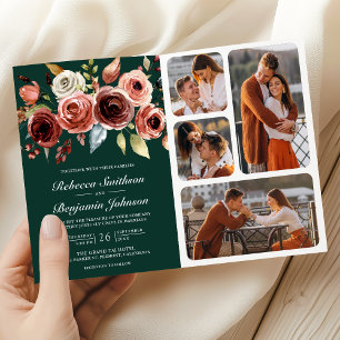 Invitación Código QR Floral de Terracota Boda Verde Esmeralda