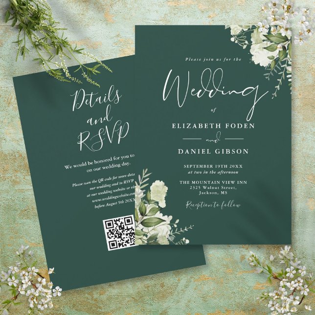 Invitación Código QR Floral de Verdor Esmeralda para Boda (Emerald Greenery Floral QR Code Wedding Invitation)