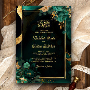 Invitación Código QR Floral Dorado Verde Esmeralda Boda Musul