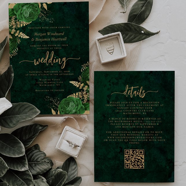 Invitación Código QR Floral Dorado Verde Esmeralda para Boda (Subido por el creador)
