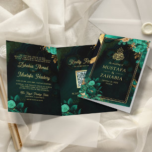 Invitación Código QR Floral Dorado Verde Menta Boda Musulmana