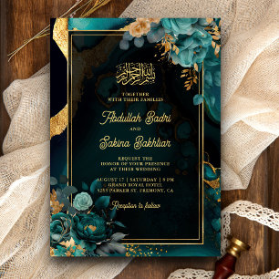 Invitación Código QR Floral Dorado Verde Teal Oscuro Boda Mus