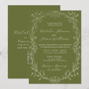 Invitación Código QR floral elegante de olivo verde para boda