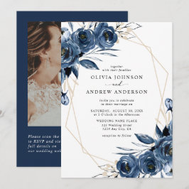 Invitación Código QR Floral Geométrico Azul Marinho y Boda de