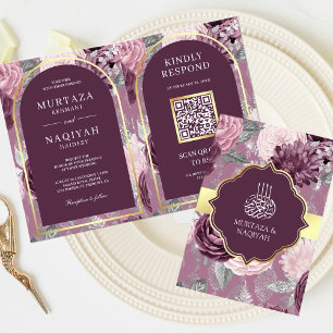 Invitación Código QR Floral Lila Polvoriento Boda Musulmana