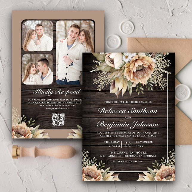 Invitación Código QR Floral Madera Taupe Terroso Neutro Boda (Subido por el creador)