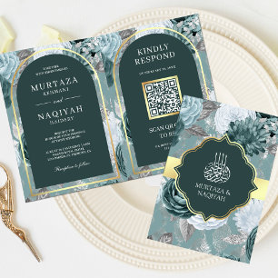 Invitación Código QR Floral Marítimo Verde Teal Oscuro para B