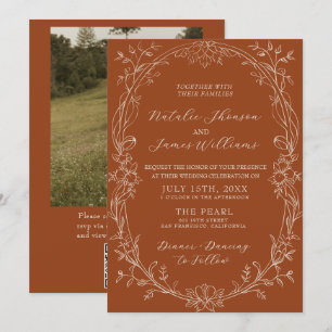 Invitación Código QR Floral Naranja Quemado Foto Boda Boho