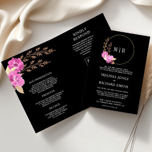 Invitación Código QR Floral Orquídea Rosa Magenta Boda Negra