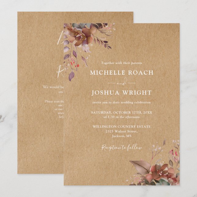 Invitación Código QR Floral Otoño Rustico Boda (Anverso / Reverso)