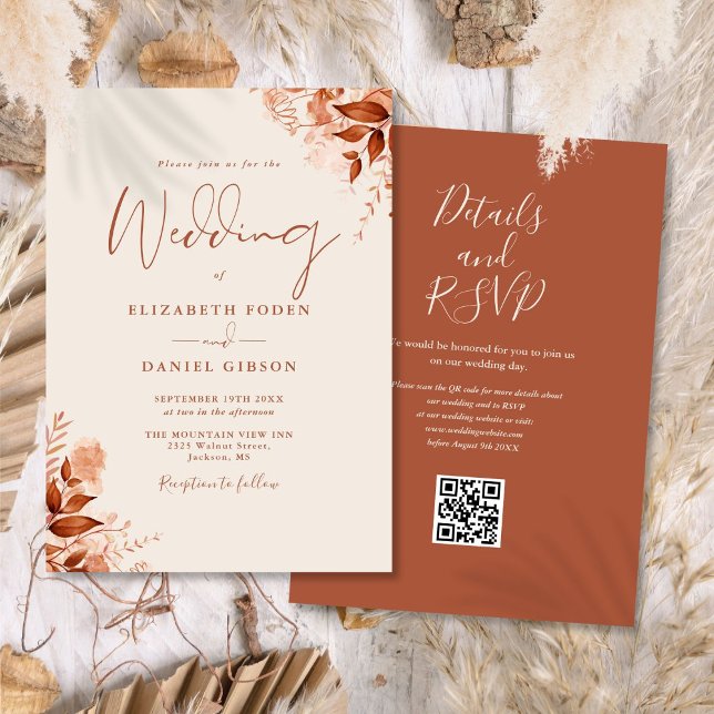 Invitación Código QR Floral Otoño Rústico Boda (Rustic Autumn Fall Floral QR Code Wedding Invitation)
