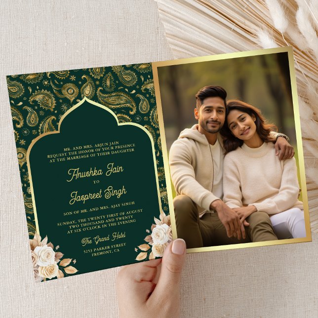 Invitación Código QR Floral Paisley de Oro Esmeralda Boda Ind (Inside)