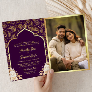 Invitación Código QR Floral Paisley de Oro Púrpura Boda India