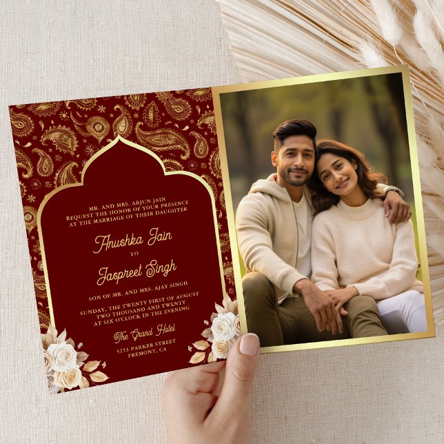 Invitación Código QR Floral Paisley Oro Rojo Boda India (Inside)