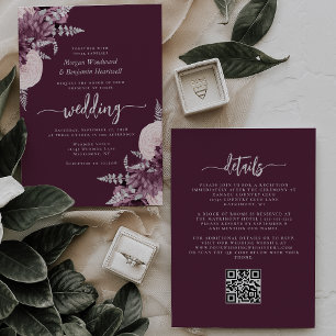Invitación Código QR Floral Plateado Malva Boda