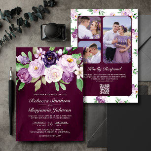 Invitación Código QR Floral Púrpura Bodas de Ciruela Oscura y