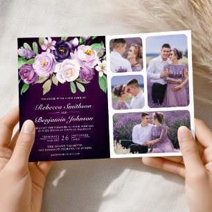 Invitación Código QR Floral Púrpura de Berenjena Boda Oscura