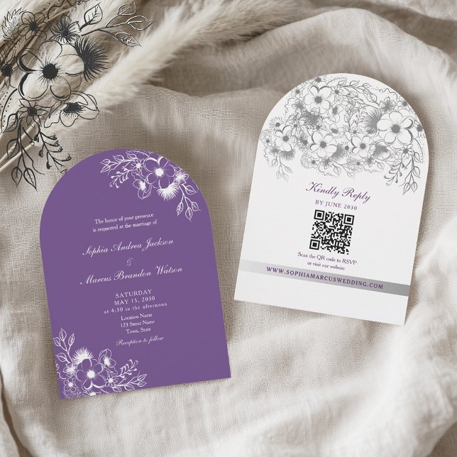 Invitación Código QR Floral Púrpura para Boda (Subido por el creador)