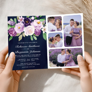 Invitación Código QR Floral Púrpura Rústico Boda Azul Marino