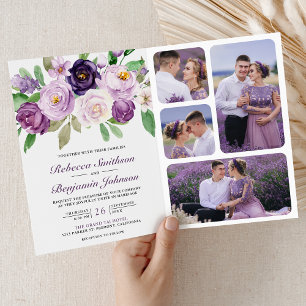 Invitación Código QR Floral Púrpura Rústico Todo en Uno Boda