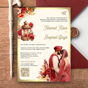 Invitación Código QR floral rojo Anand Karaj Boda Sikh
