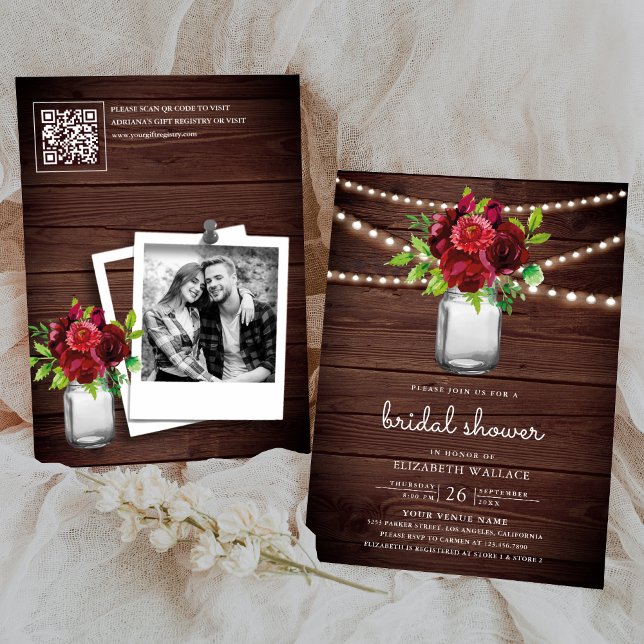 Invitación Código QR Floral Rojo Borgoña Madera Despedida de  (Subido por el creador)