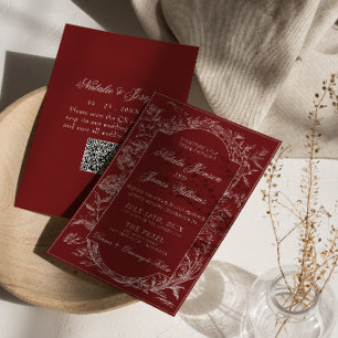 Invitación Código QR Floral Rojo Profundo Boho Botánica Boda