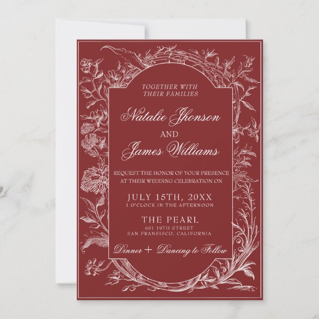 Invitación Código QR Floral Rojo Profundo Boho Botánica Boda (Anverso)