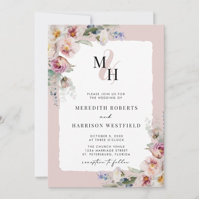 Invitación Código QR floral romántico Monograma Boda (Anverso)