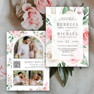 Invitación Código QR Floral Rosa Beige Marfil Rústico para Bo