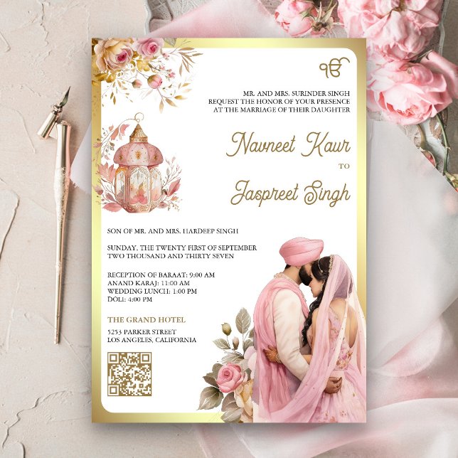 Invitación Código QR floral rosa claro Anand Karaj boda Sikh (Subido por el creador)