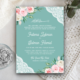 Invitación Código QR Floral Rosa Encaje Verde Musulmán Boda