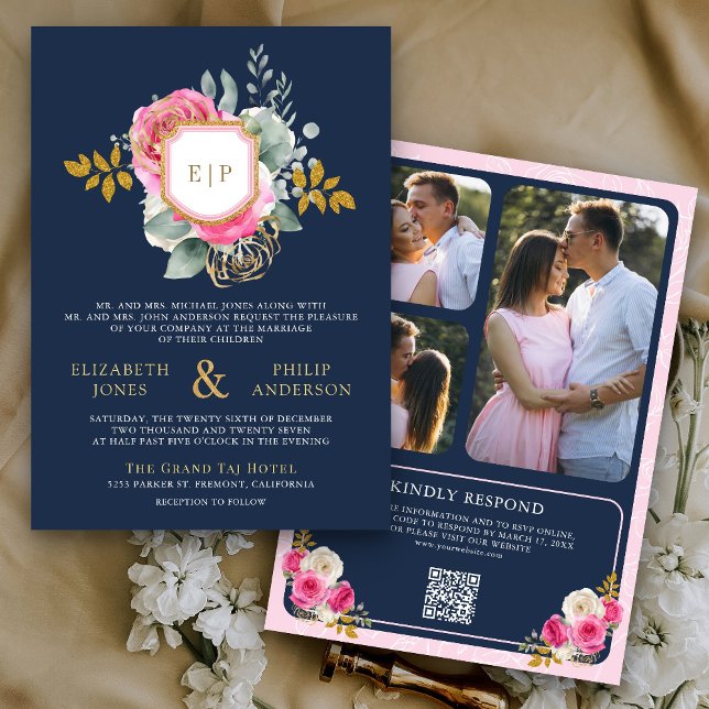 Invitación Código QR Floral Rosa Fucsia Cresta Naval Boda (Subido por el creador)