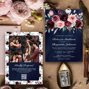 Invitación Código QR Floral Rosa Polvo Borgoña Azul Marino Bo