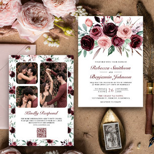 Invitación Código QR Floral Rosa Polvo Borgoña Boda