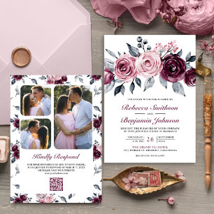 Invitación Código QR Floral Rosa Polvo Ciruela Púrpura Boda