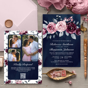 Invitación Código QR Floral Rosa Polvo Ciruela Púrpura Boda A