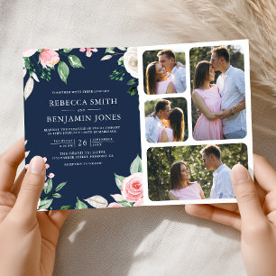 Invitación Código QR Floral Rosa Rubor Azul Marino Boda