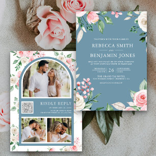 Invitación Código QR Floral Rosa Rubor Azul Polvoriento Boda