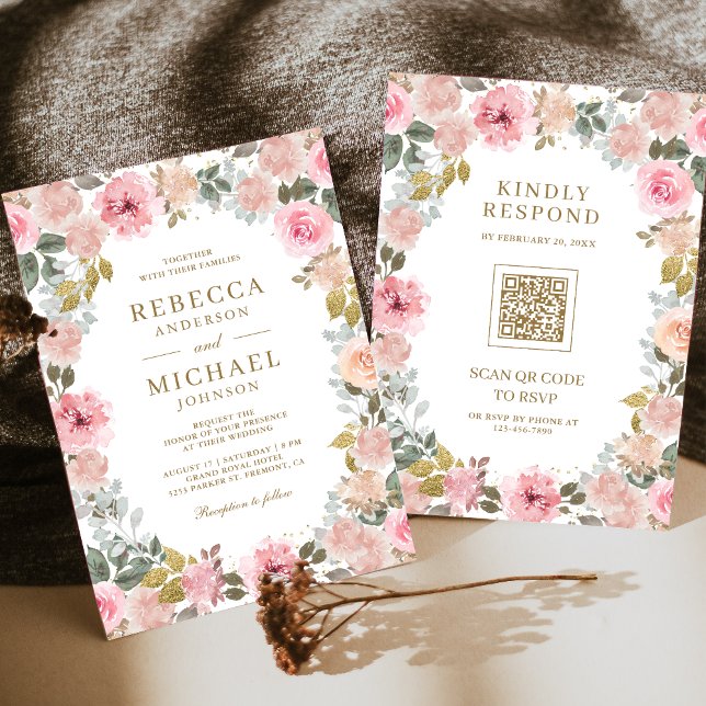 Invitación Código QR Floral Rosa y Dorado para Boda (Subido por el creador)