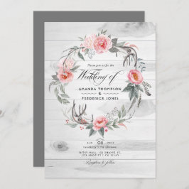 Invitación Código QR floral rosa y gris RSVP Boda bohemio