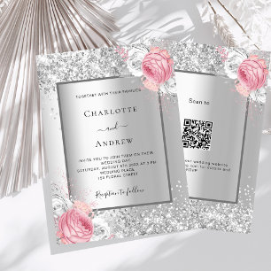 Invitación Código QR floral rosado de plata RSVP boda de lujo