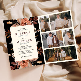 Invitación Código QR Floral Terracota Crema Boda Negra