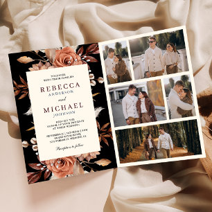 Invitación Código QR Floral Terracota Crema Boda Negra