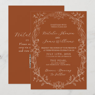 Invitación Código QR Floral Terracota Naranja Quemada Boda Bo
