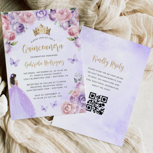Invitación Código QR Floral Tono Morado Quinceañera Dorado